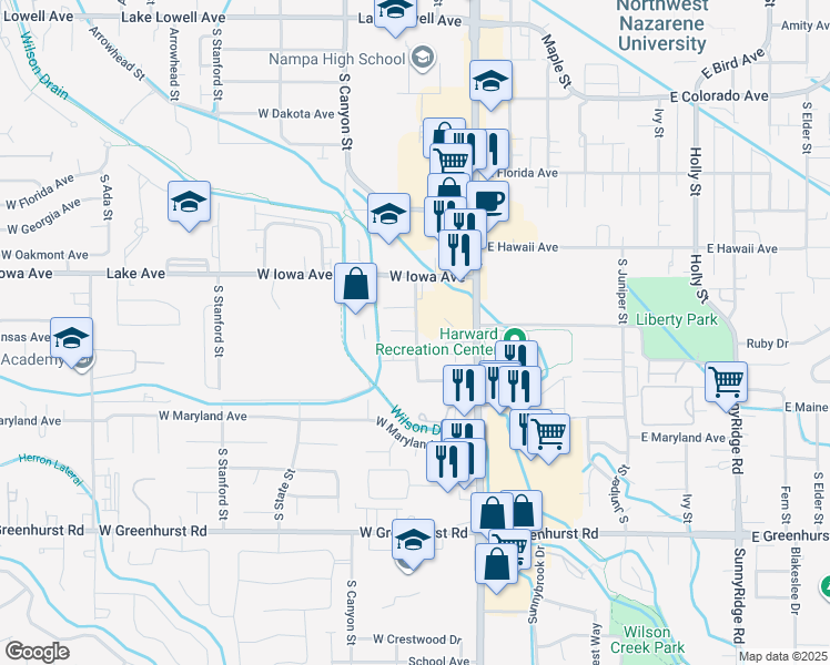 map of restaurants, bars, coffee shops, grocery stores, and more near 1623 Checola Street in Nampa