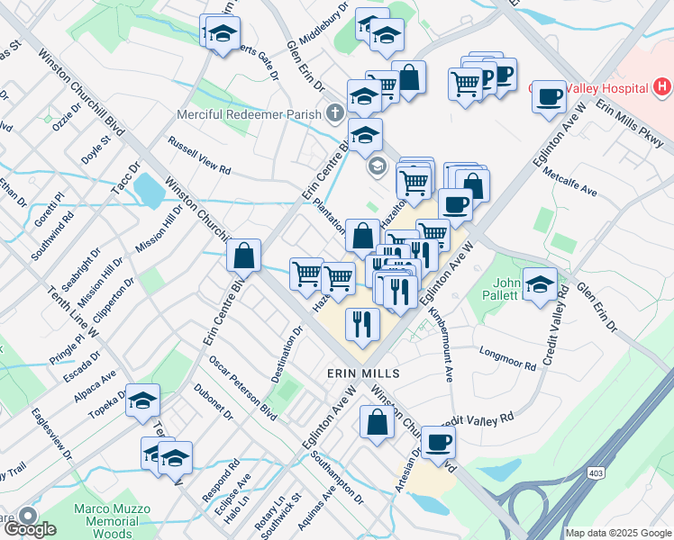 map of restaurants, bars, coffee shops, grocery stores, and more near 2895 Hazelton Place in Mississauga