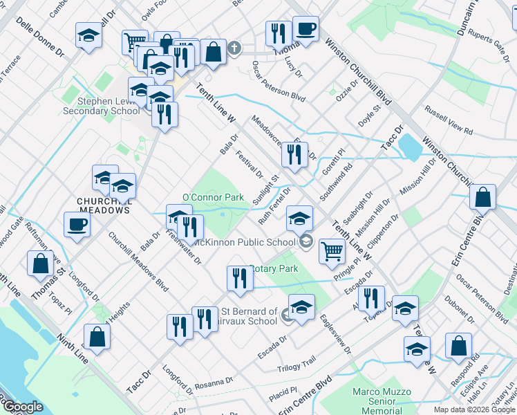 map of restaurants, bars, coffee shops, grocery stores, and more near 3324 Sunlight Street in Mississauga