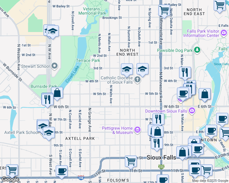 map of restaurants, bars, coffee shops, grocery stores, and more near 816 West 5th Street in Sioux Falls