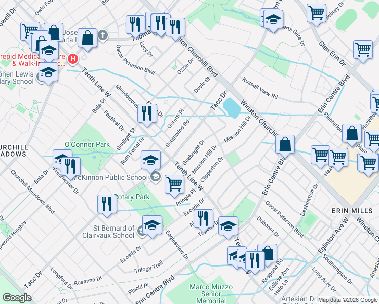 map of restaurants, bars, coffee shops, grocery stores, and more near 3159 Seabright Drive in Mississauga