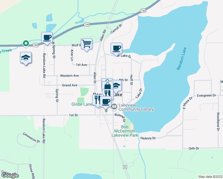 map of restaurants, bars, coffee shops, grocery stores, and more near in Random Lake