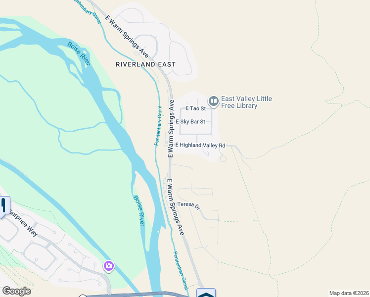 map of restaurants, bars, coffee shops, grocery stores, and more near 6951 East Highland Valley Road in Boise