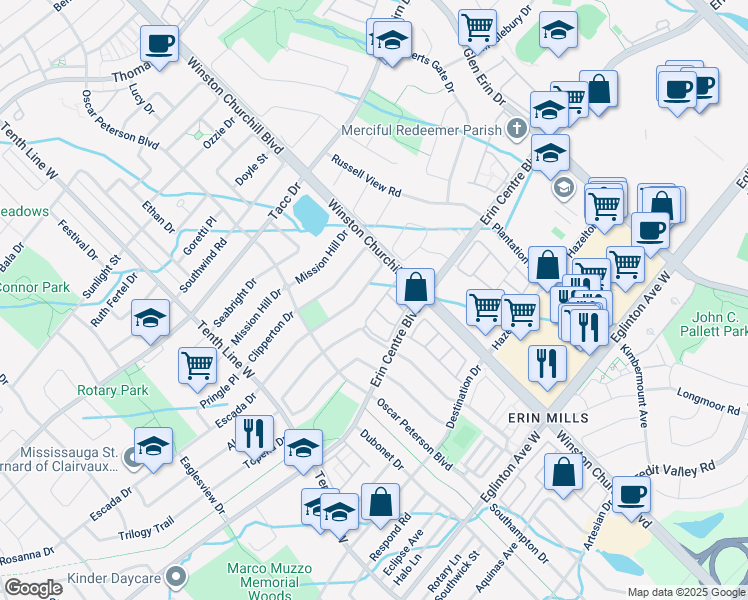 map of restaurants, bars, coffee shops, grocery stores, and more near 5255 Palmetto Place in Mississauga