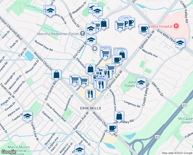 map of restaurants, bars, coffee shops, grocery stores, and more near Plantation Place in Mississauga