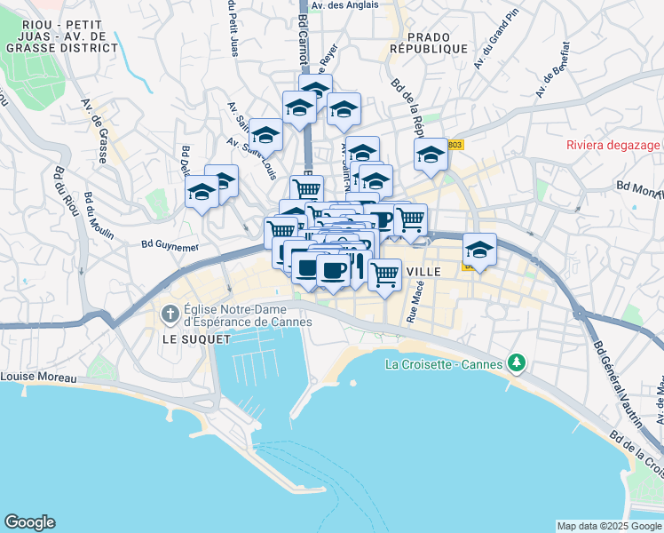 map of restaurants, bars, coffee shops, grocery stores, and more near 16 Rue Buttura in Cannes
