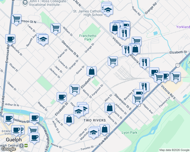 map of restaurants, bars, coffee shops, grocery stores, and more near 239 Elizabeth Street in Guelph