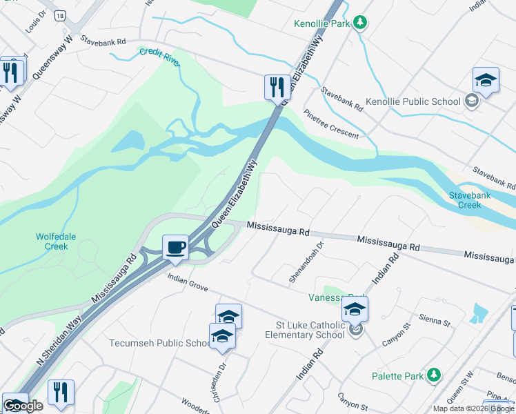 map of restaurants, bars, coffee shops, grocery stores, and more near 630 Kedleston Way in Mississauga