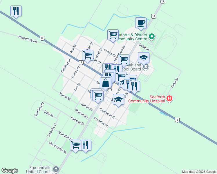 map of restaurants, bars, coffee shops, grocery stores, and more near 23 Regional Highway 12 in Huron County