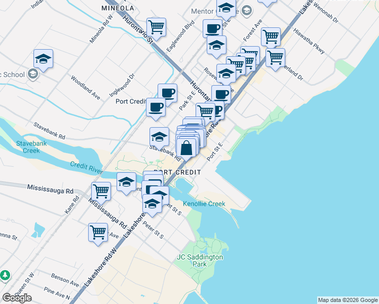 map of restaurants, bars, coffee shops, grocery stores, and more near 80 Lakeshore Road East in Mississauga
