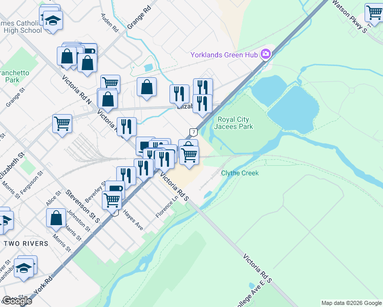map of restaurants, bars, coffee shops, grocery stores, and more near 212 Victoria Road South in Guelph