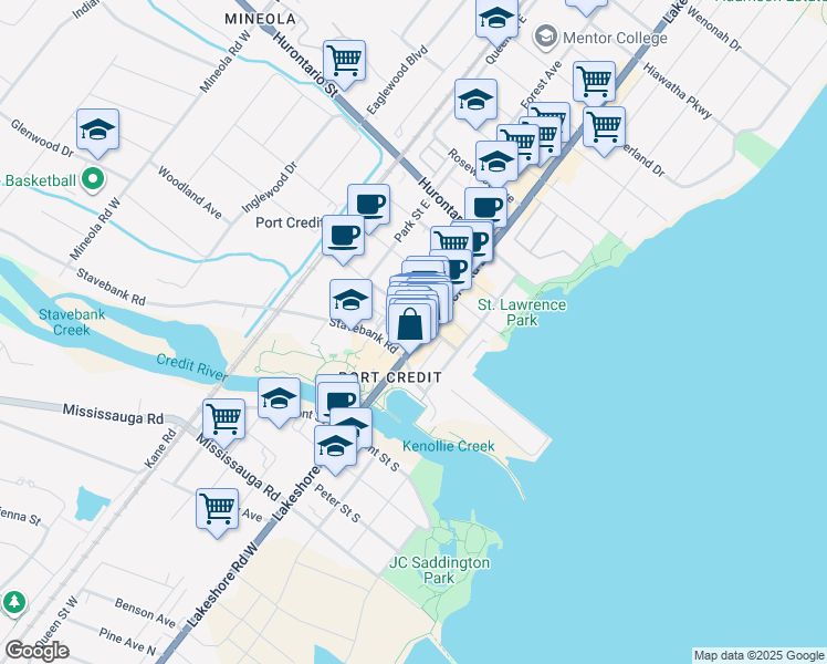map of restaurants, bars, coffee shops, grocery stores, and more near 30 Port Street East in Mississauga