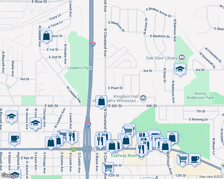 map of restaurants, bars, coffee shops, grocery stores, and more near 600 North Harrington Avenue in Sioux Falls