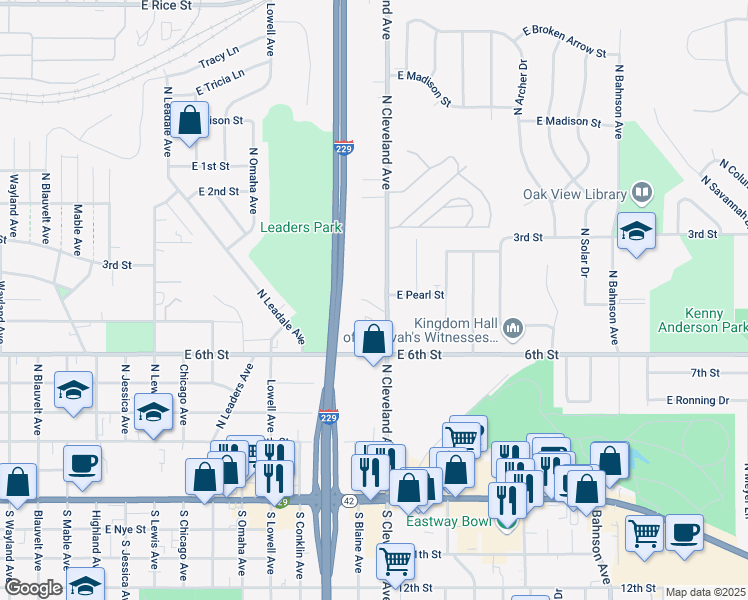 map of restaurants, bars, coffee shops, grocery stores, and more near 604 North Cleveland Avenue in Sioux Falls