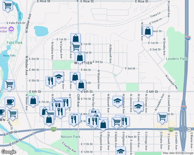 map of restaurants, bars, coffee shops, grocery stores, and more near in Sioux Falls
