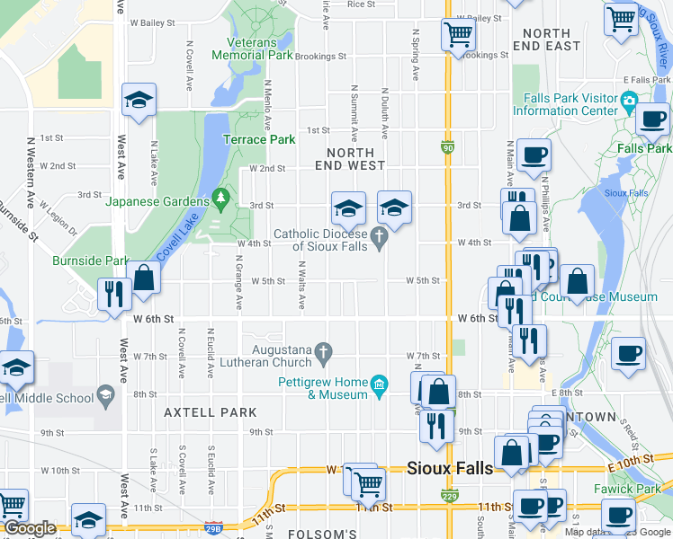 map of restaurants, bars, coffee shops, grocery stores, and more near 721 West 5th Street in Sioux Falls