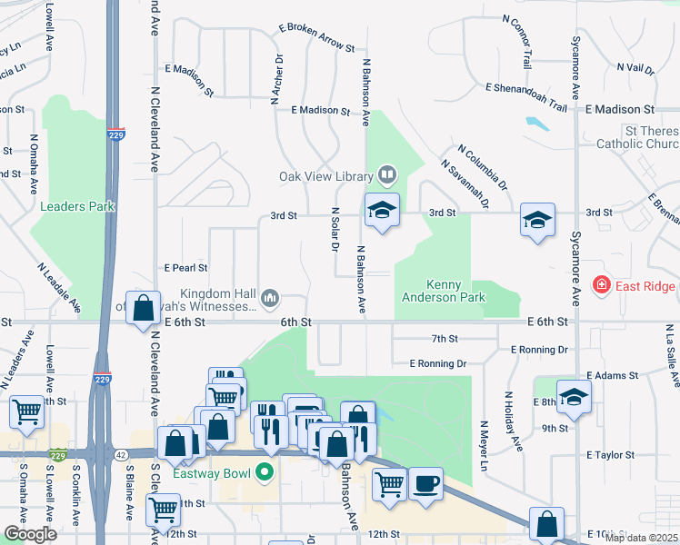 map of restaurants, bars, coffee shops, grocery stores, and more near 612 North Solar Drive in Sioux Falls