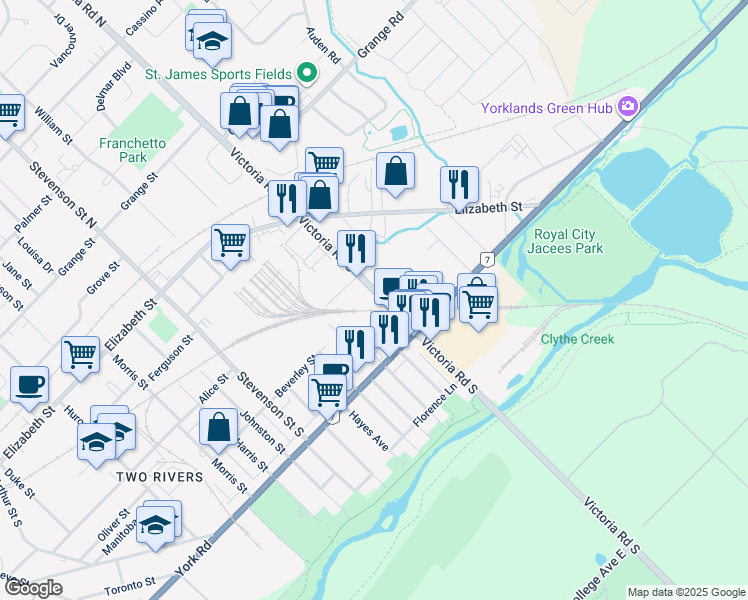 map of restaurants, bars, coffee shops, grocery stores, and more near 151 Victoria Road South in Guelph
