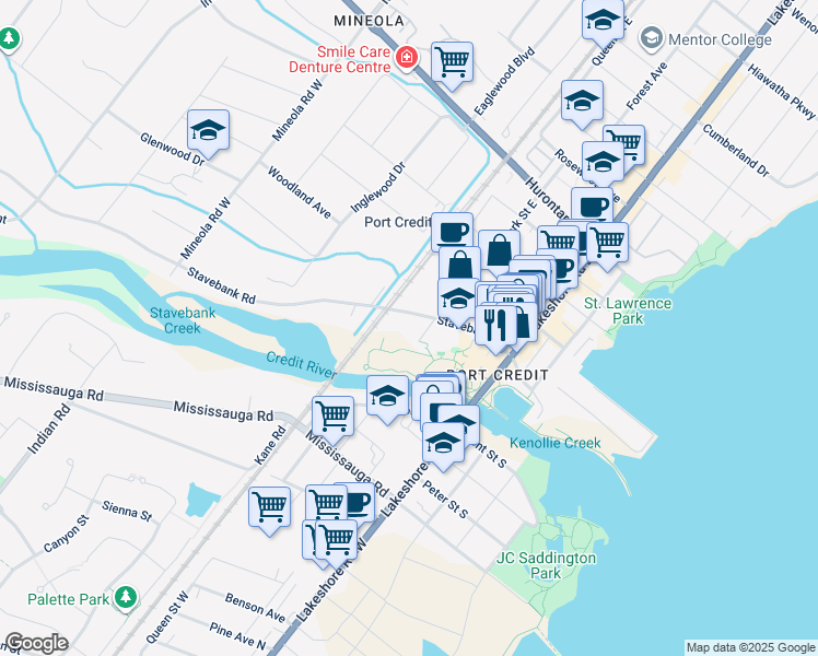 map of restaurants, bars, coffee shops, grocery stores, and more near 40 Stavebank Road in Mississauga