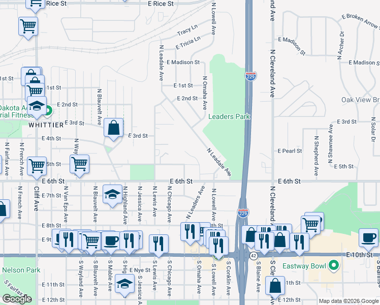 map of restaurants, bars, coffee shops, grocery stores, and more near 2012 East 5th Street in Sioux Falls