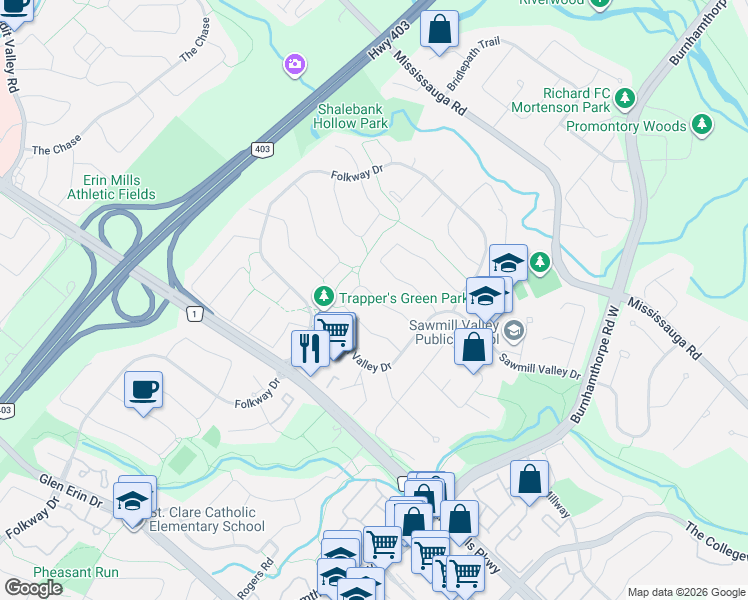 map of restaurants, bars, coffee shops, grocery stores, and more near 4109 Stonemason Crescent in Mississauga
