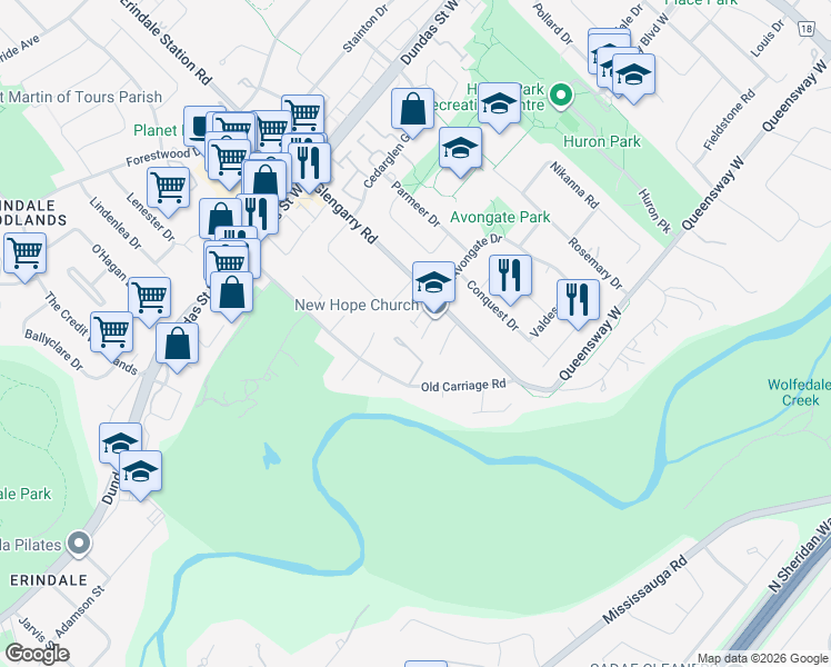 map of restaurants, bars, coffee shops, grocery stores, and more near 2460 Glengarry Road in Mississauga