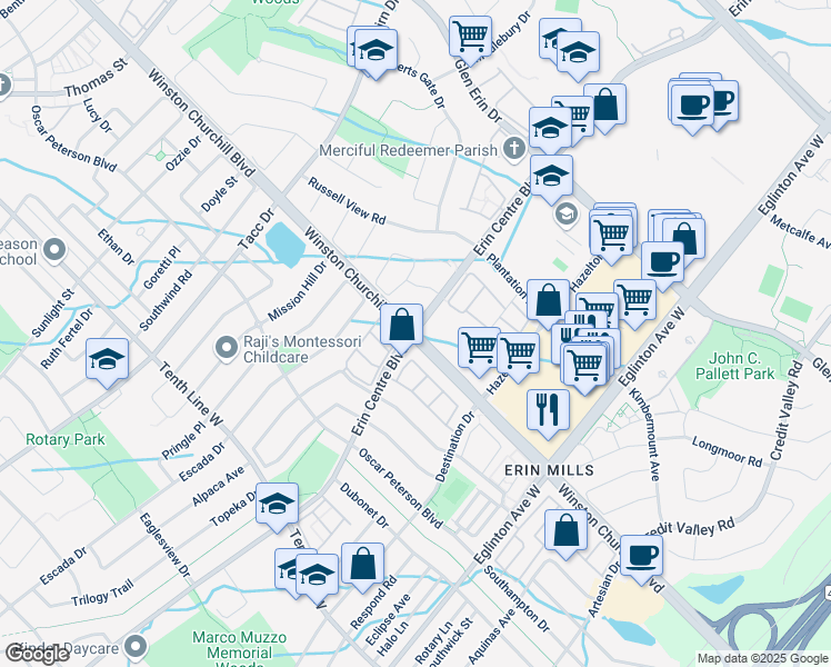 map of restaurants, bars, coffee shops, grocery stores, and more near Winston Churchill Blvd & Erin Centre Blvd in Mississauga