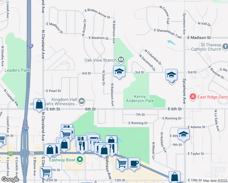 map of restaurants, bars, coffee shops, grocery stores, and more near 518 North Bahnson Avenue in Sioux Falls