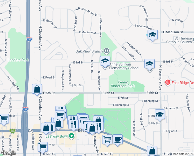map of restaurants, bars, coffee shops, grocery stores, and more near 507 North Solar Drive in Sioux Falls