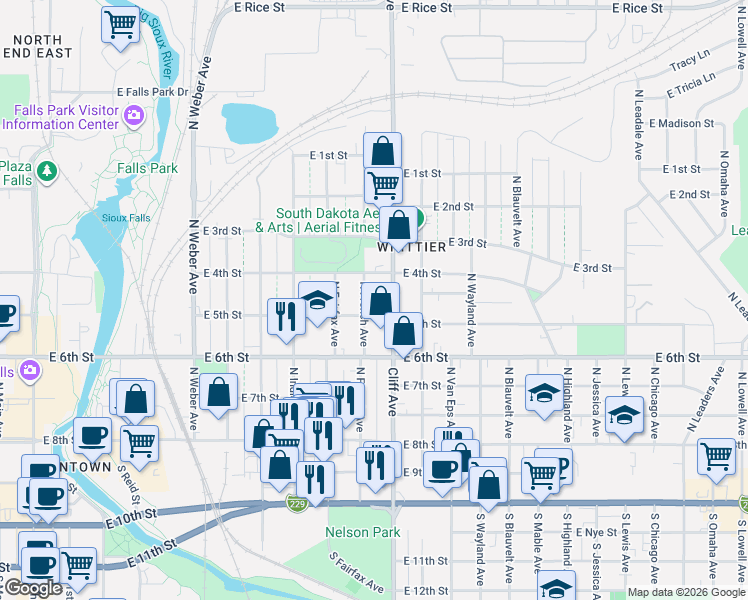 map of restaurants, bars, coffee shops, grocery stores, and more near 430 North French Avenue in Sioux Falls
