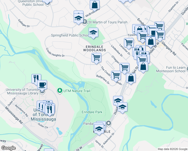 map of restaurants, bars, coffee shops, grocery stores, and more near 1439 Ballyclare Drive in Mississauga