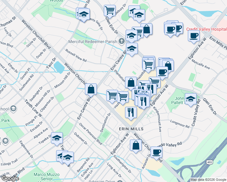 map of restaurants, bars, coffee shops, grocery stores, and more near 2891 Rio Court in Mississauga