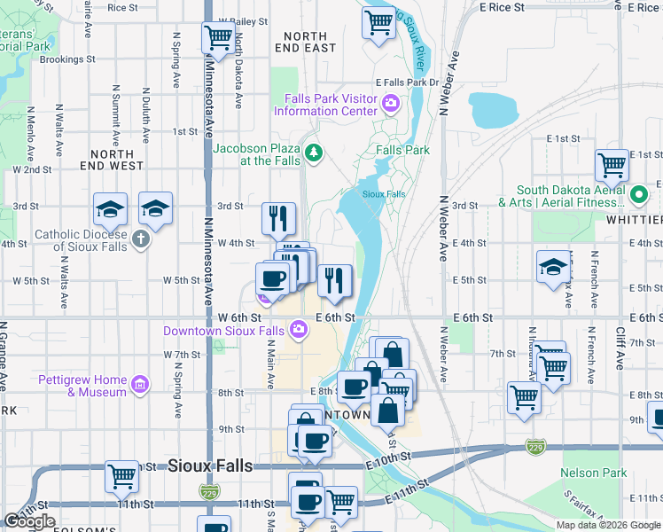map of restaurants, bars, coffee shops, grocery stores, and more near 155 East 4th Place in Sioux Falls