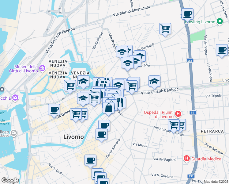 map of restaurants, bars, coffee shops, grocery stores, and more near 50 Via de Larderel in Livorno