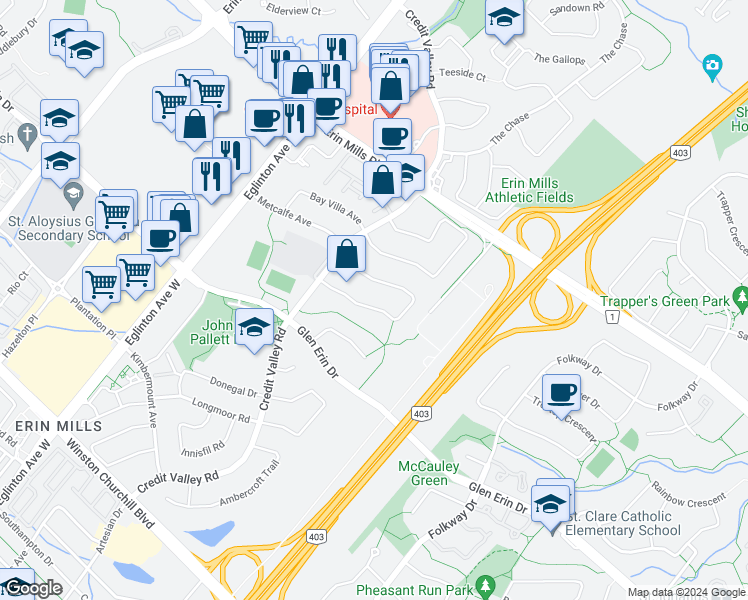 map of restaurants, bars, coffee shops, grocery stores, and more near 4469 Idlewilde Crescent in Mississauga