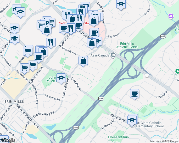 map of restaurants, bars, coffee shops, grocery stores, and more near 4469 Idlewilde Crescent in Mississauga