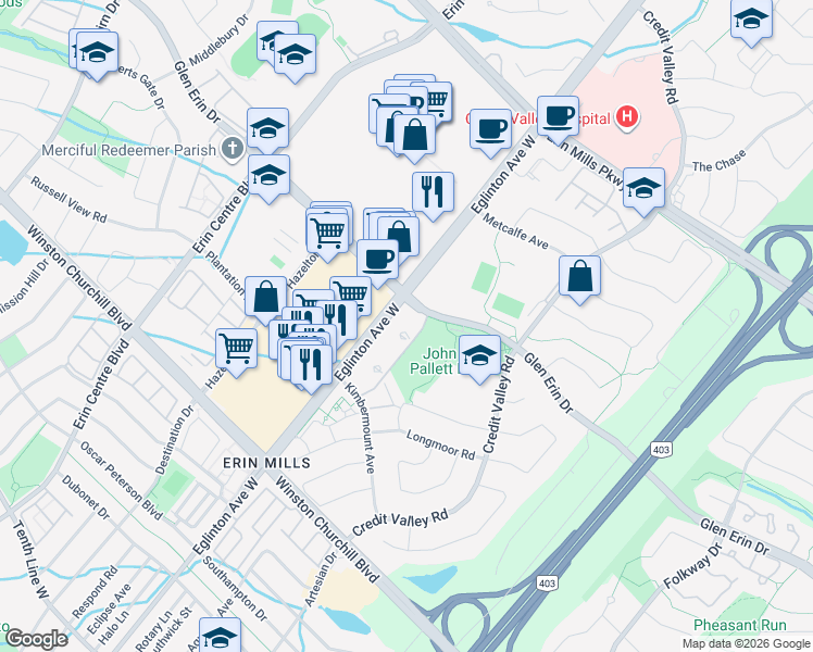 map of restaurants, bars, coffee shops, grocery stores, and more near 2374 Eglinton Avenue West in Mississauga