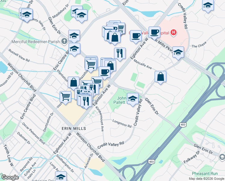 map of restaurants, bars, coffee shops, grocery stores, and more near 4900 Glen Erin Drive in Mississauga