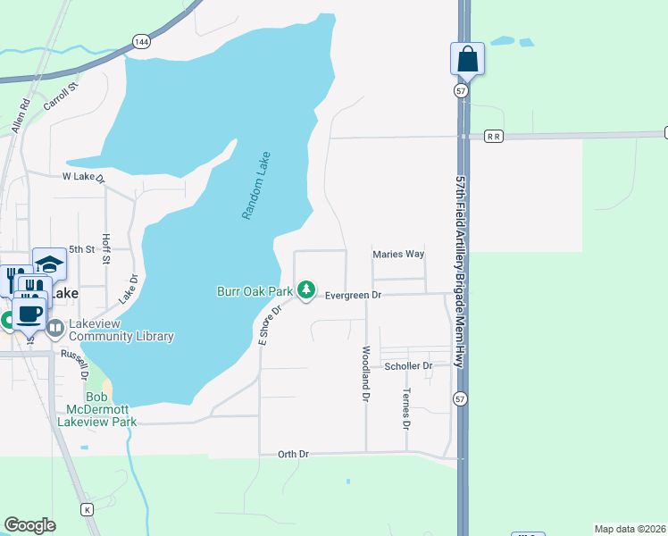 map of restaurants, bars, coffee shops, grocery stores, and more near 89 Evergreen Drive in Random Lake