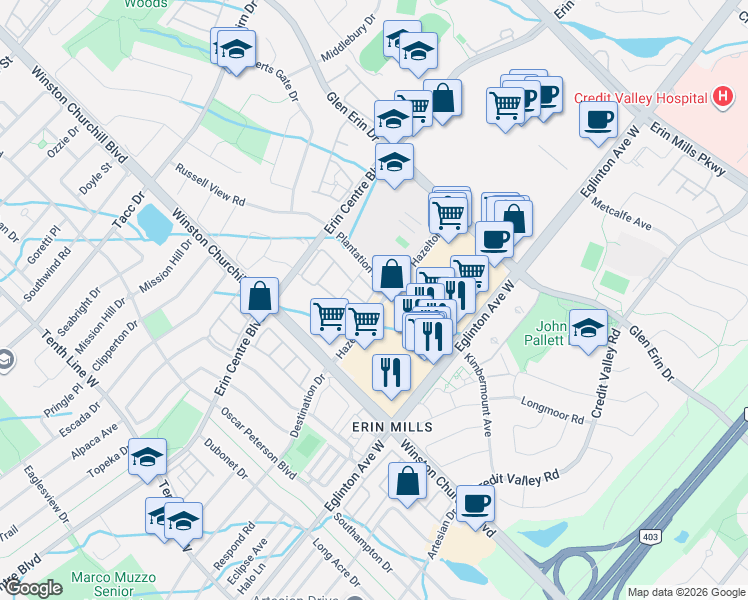map of restaurants, bars, coffee shops, grocery stores, and more near 2875 Hazelton Place in Mississauga