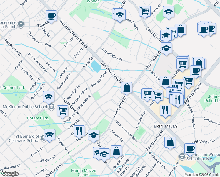 map of restaurants, bars, coffee shops, grocery stores, and more near 3198 Cabano Crescent in Mississauga