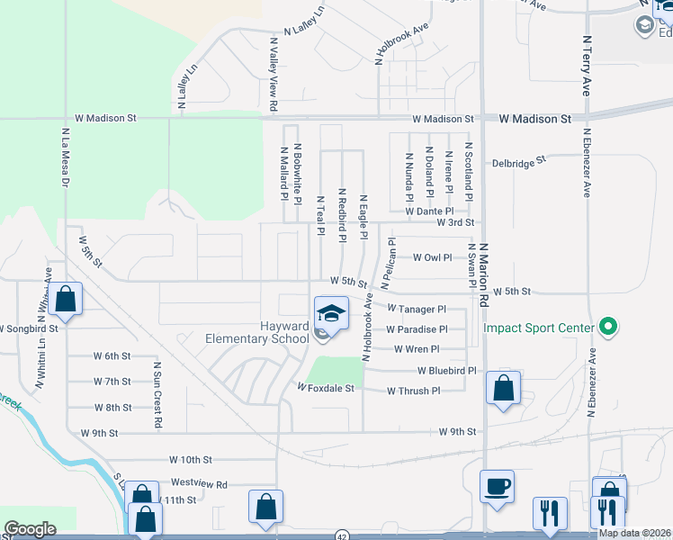 map of restaurants, bars, coffee shops, grocery stores, and more near 503 North Redbird Place in Sioux Falls