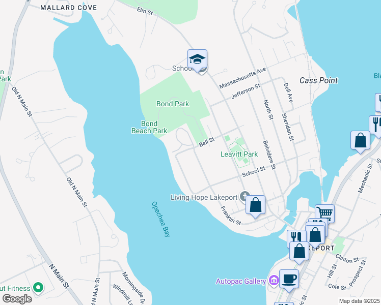 map of restaurants, bars, coffee shops, grocery stores, and more near 278 Franklin Street in Laconia