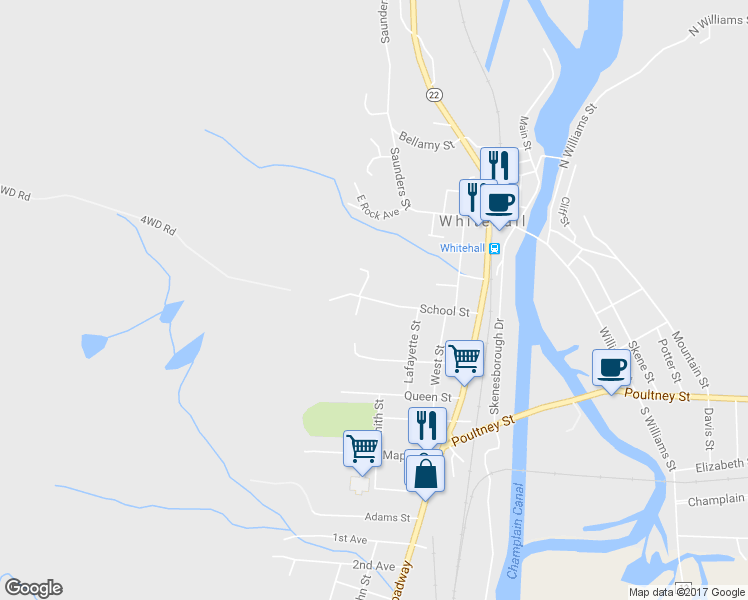 map of restaurants, bars, coffee shops, grocery stores, and more near 33 School Street in Whitehall