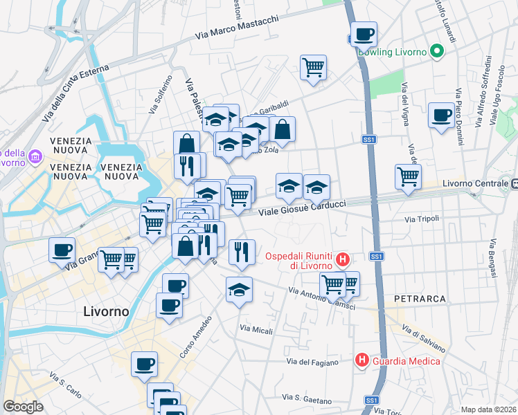 map of restaurants, bars, coffee shops, grocery stores, and more near 15 Viale Giosuè Carducci in Livorno
