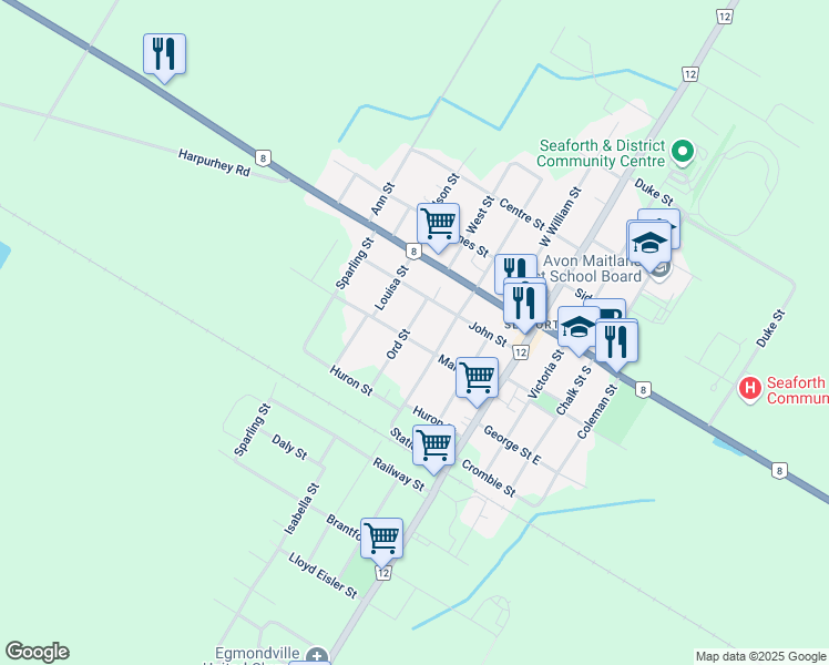 map of restaurants, bars, coffee shops, grocery stores, and more near 47 Market Street in Huron County