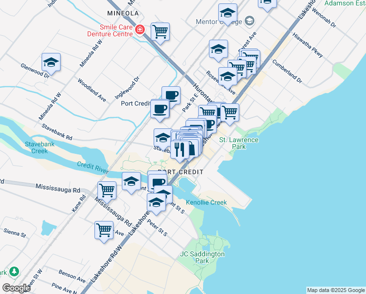 map of restaurants, bars, coffee shops, grocery stores, and more near 31 High Street East in Mississauga
