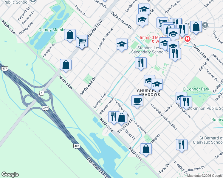 map of restaurants, bars, coffee shops, grocery stores, and more near in Mississauga