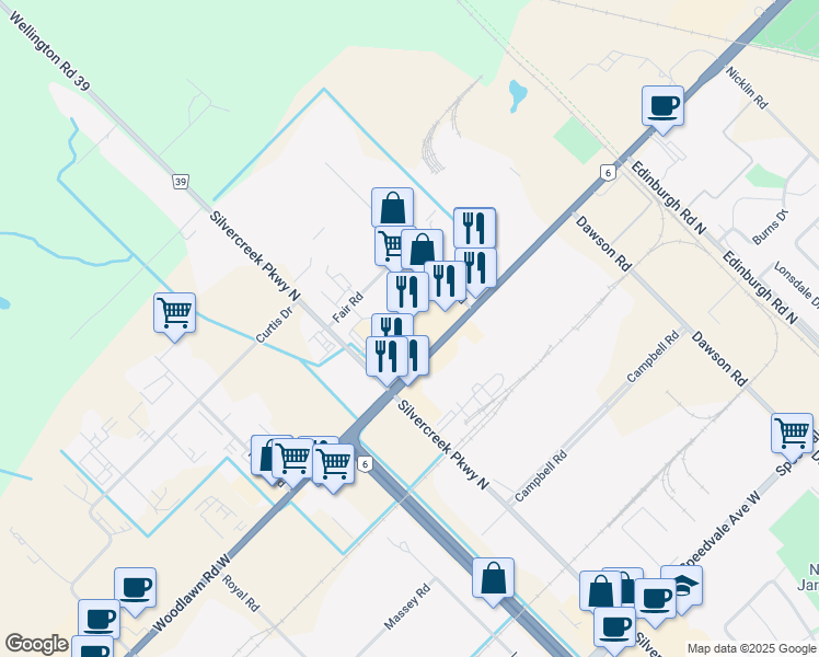 map of restaurants, bars, coffee shops, grocery stores, and more near 255 Woodlawn Road West in Guelph