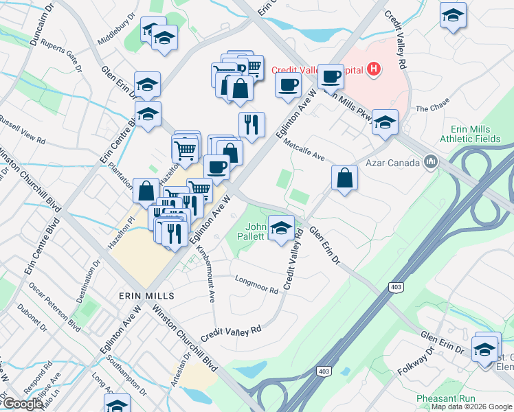 map of restaurants, bars, coffee shops, grocery stores, and more near 4850 Glen Erin Drive in Mississauga